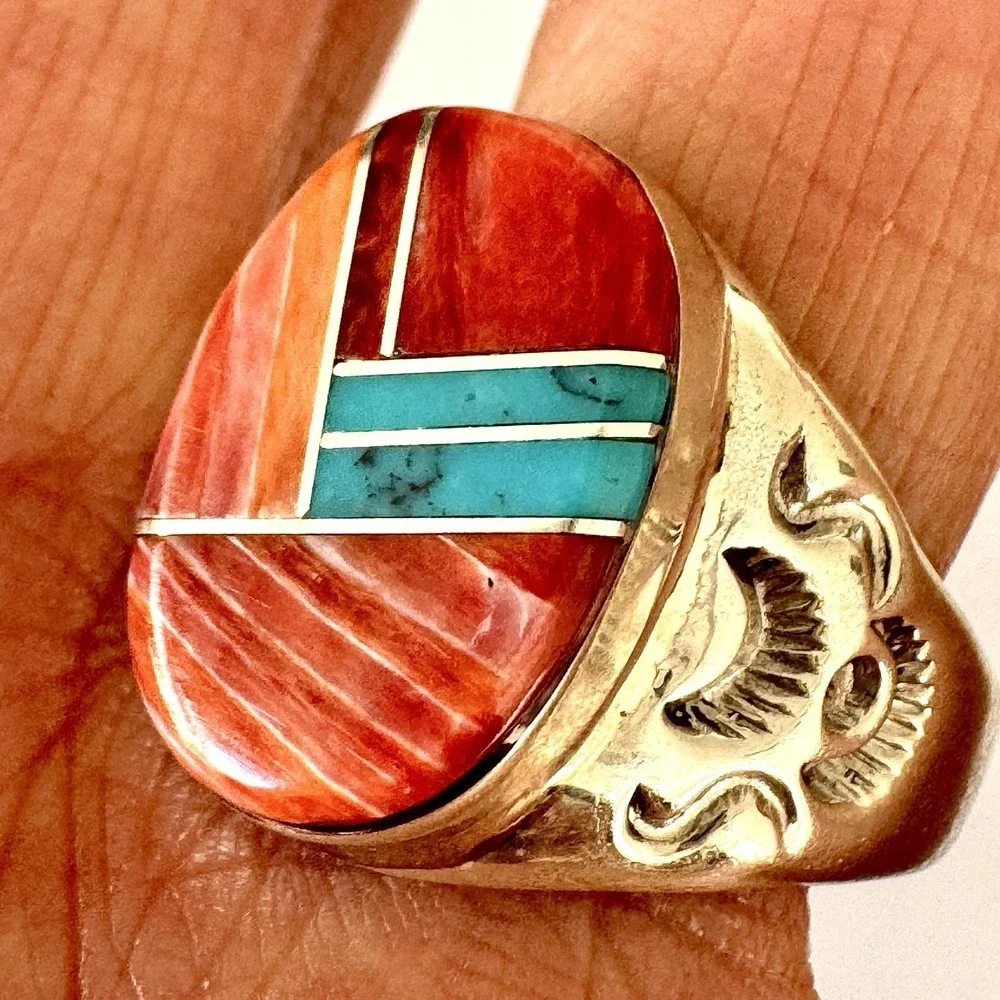 Navajo Mens Ring Turquoise Orange‎ Spiny Oyster Sz 12.5 Signed PLL Sterling USA